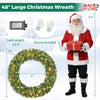 48-inch pre-lit artificial Christmas wreath featuring 150 warm white LED lights and 450 branch tips for festive decoration.
