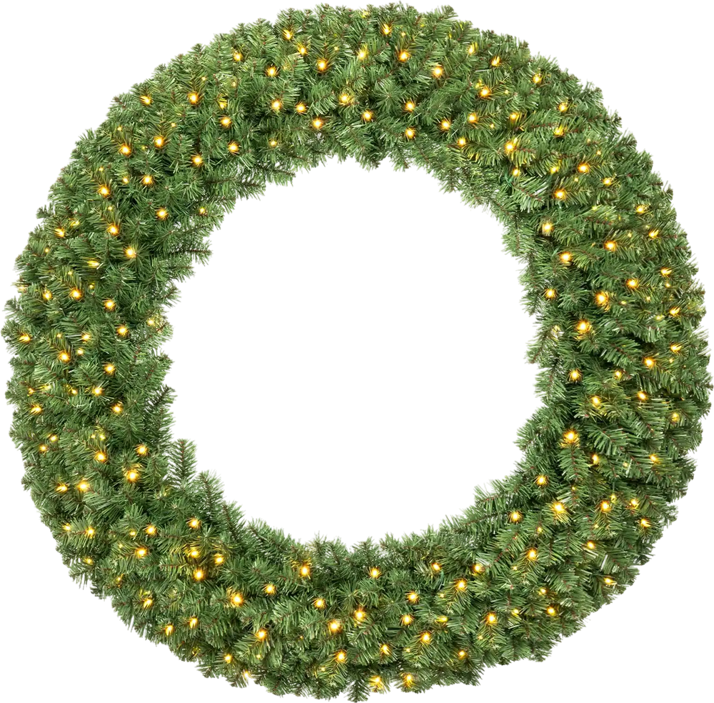 48-inch pre-lit Christmas wreath featuring 200 warm white LED lights, perfect for festive wall or window decoration.