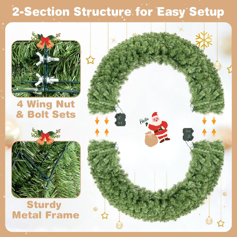 Large 48-inch pre-lit Christmas wreath features 200 warm white LED lights and a sturdy metal frame for easy setup.