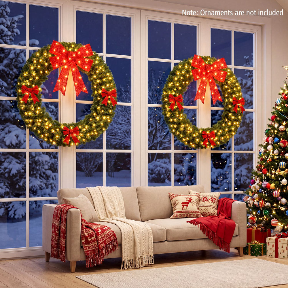 48 Inch Large Pre-Lit Christmas Wreath with 200 Warm White LED Lights Set of 2 - Gallery View 1 of 7