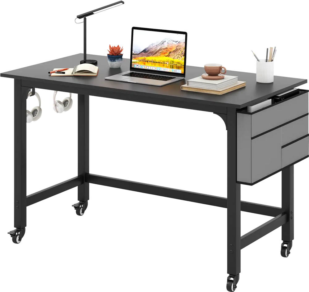 Mobile computer workstation with a 48" black tabletop, heavy-duty metal legs, and 4 smooth casters for easy mobility.