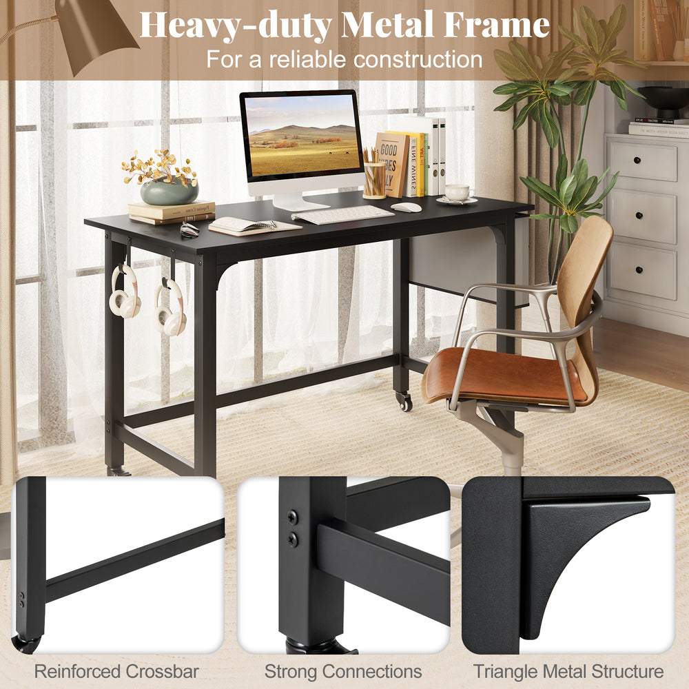 Mobile computer workstation with a 48" black tabletop, heavy-duty metal frame, and smooth casters for easy mobility.