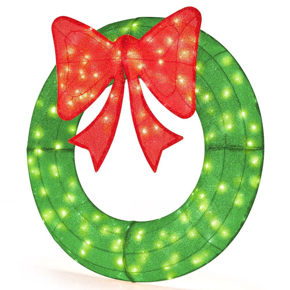 Extra large 48-inch green Christmas mesh wreath with a bright red bow and 200 LED lights, ideal for festive outdoor.
