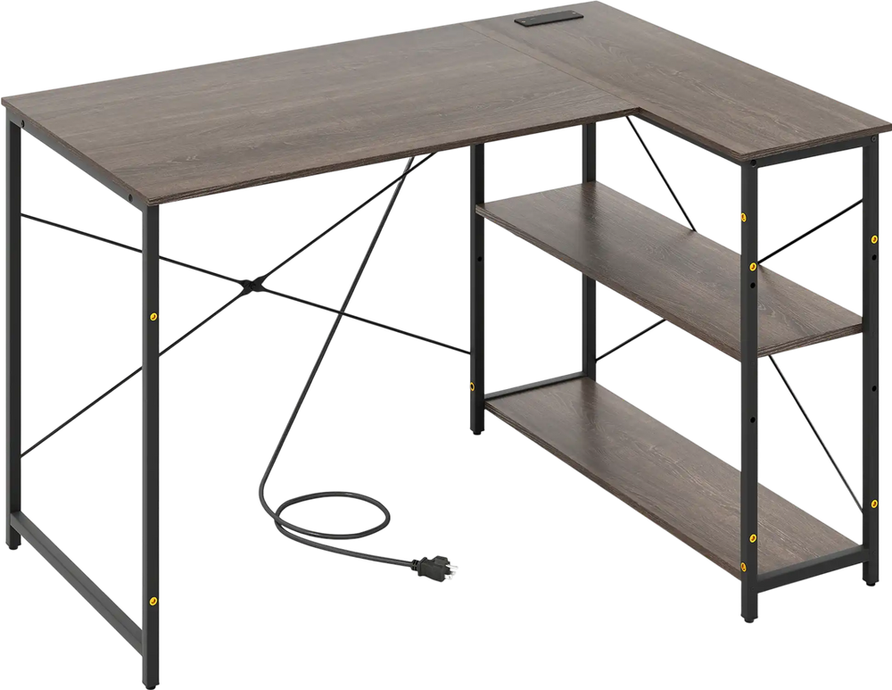 Reversible L-shaped computer desk with gray engineered wood, adjustable shelves, and compact design for small spaces.