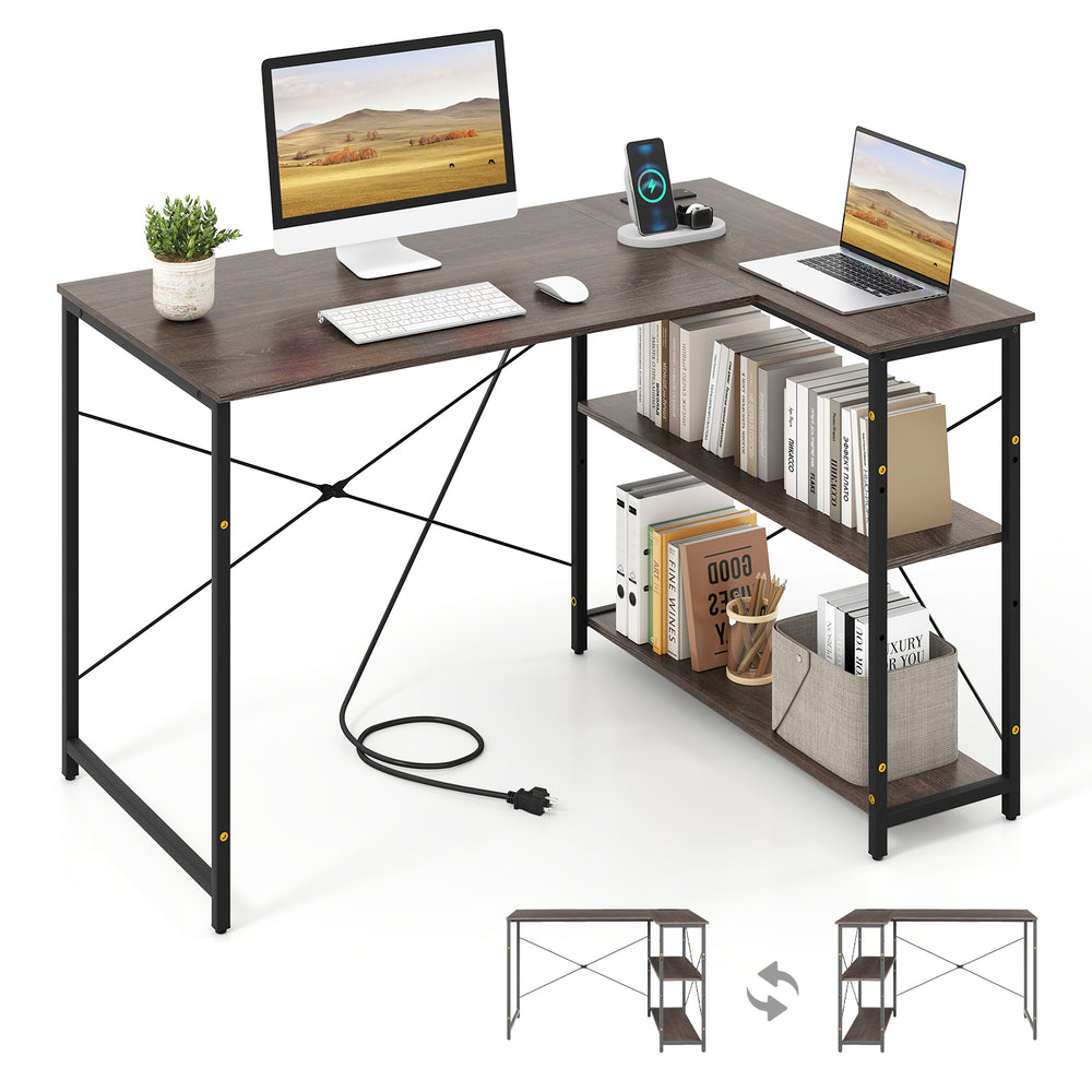 Reversible L-shaped computer desk with adjustable shelves, gray finish, ideal for compact spaces and stylish home.