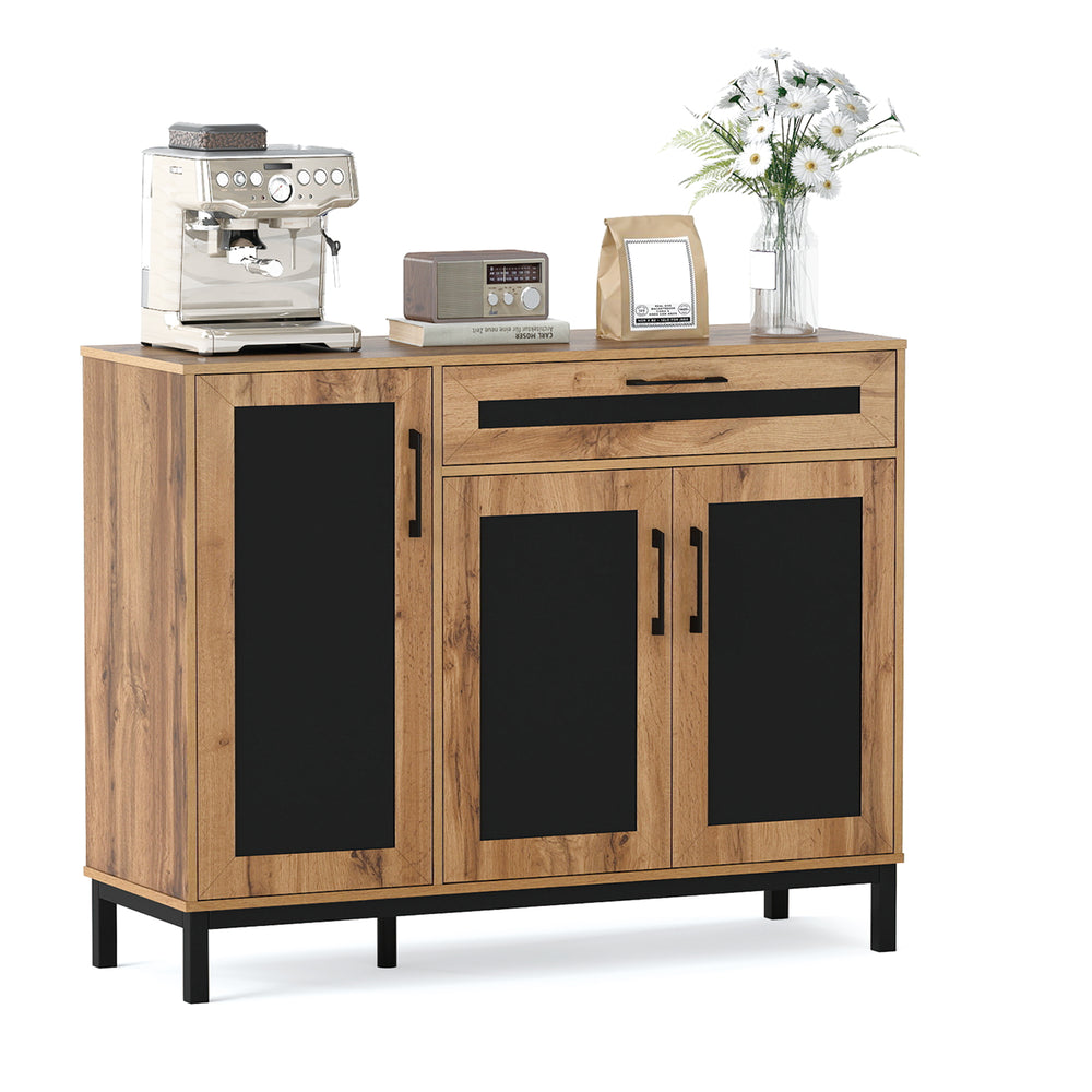 Natural wood sideboard buffet cabinet with black doors and a spacious countertop, ideal for kitchen or entryway.