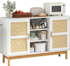 48-inch sideboard buffet cabinet in white with bamboo woven doors, featuring a spacious tabletop for decorative items.