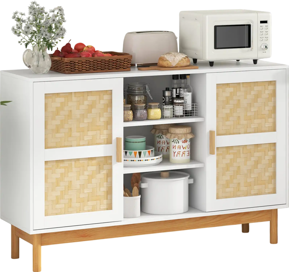 48-inch sideboard buffet cabinet in white with bamboo woven doors, featuring a spacious tabletop for decorative items.