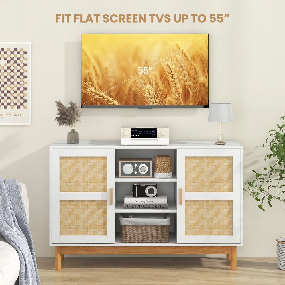 48-inch sideboard buffet cabinet with bamboo woven doors, supporting TVs up to 55", ideal for living room storage.