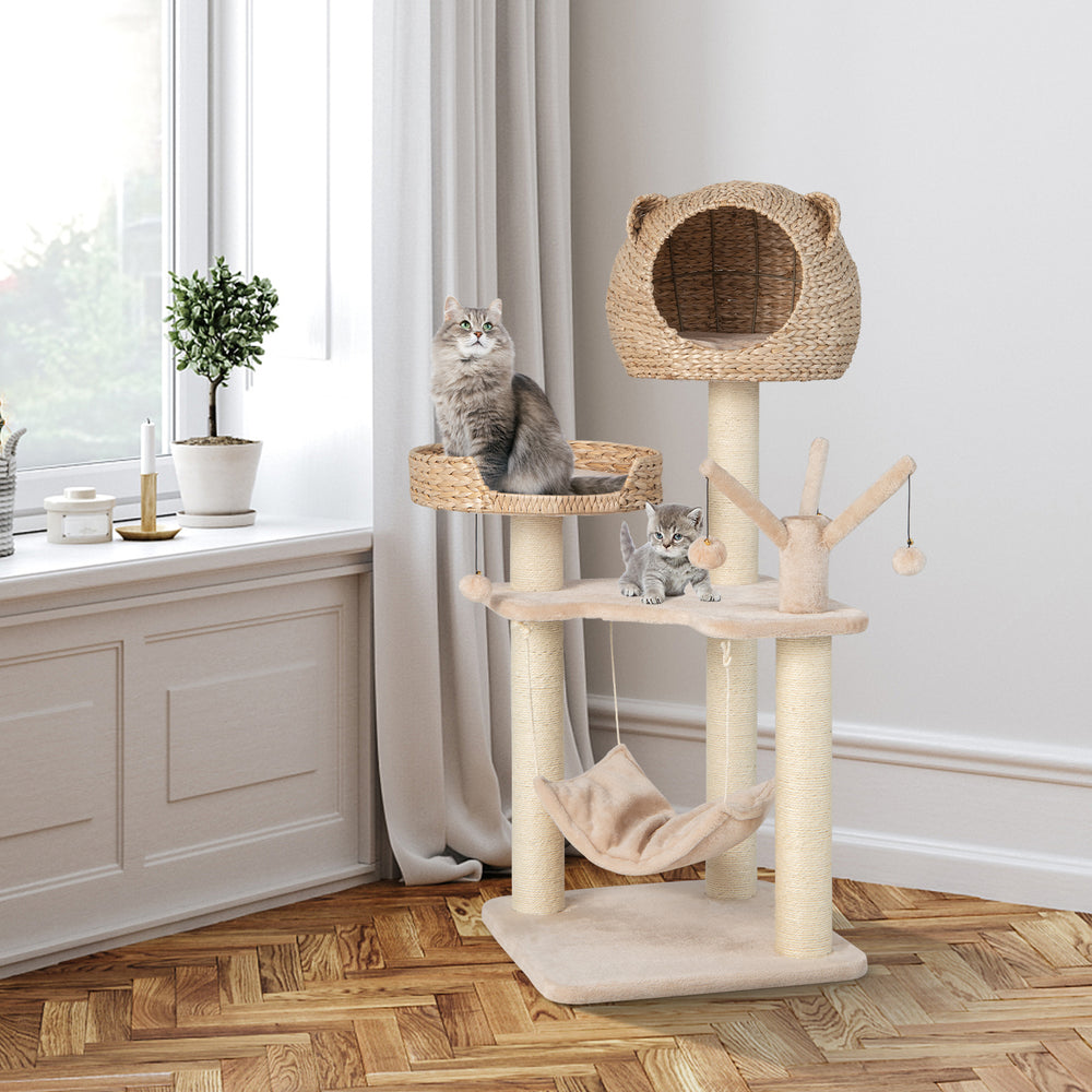 Multi-level cat tree with natural sisal scratching posts, plush hammock, and cozy condo for playful kittens.