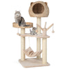 Multi-level cat tree with a bear-shaped condo, hammock, and hanging balls, perfect for climbing and lounging.