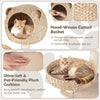 Multi-level cat tree featuring a natural cattail basket, soft plush cushions, and playful hanging balls for feline fun.