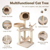 Multi-level cat tree featuring a cozy top condo, plush bed, hammock, and four jingling balls for playful relaxation.
