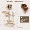 Multi-level cat tree with condo, hammock, and hanging balls in natural color, perfect for climbing and lounging.