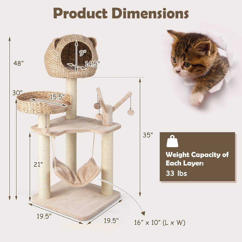 Multi-level cat tree with condo, hammock, and hanging balls in natural color, perfect for climbing and lounging.