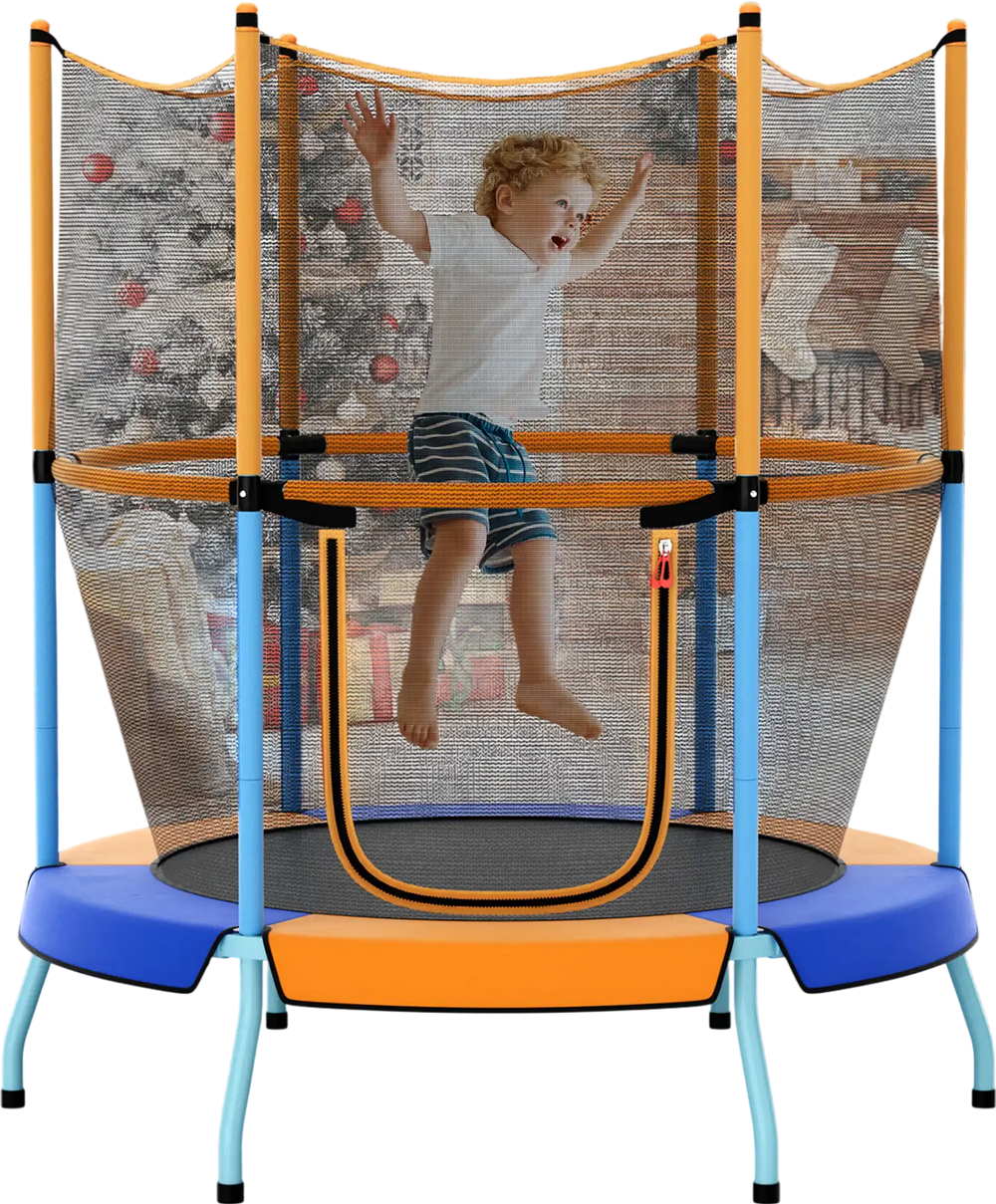 Toddler trampoline with safety enclosure net in orange, featuring curved metal legs and padded handles for stability.
