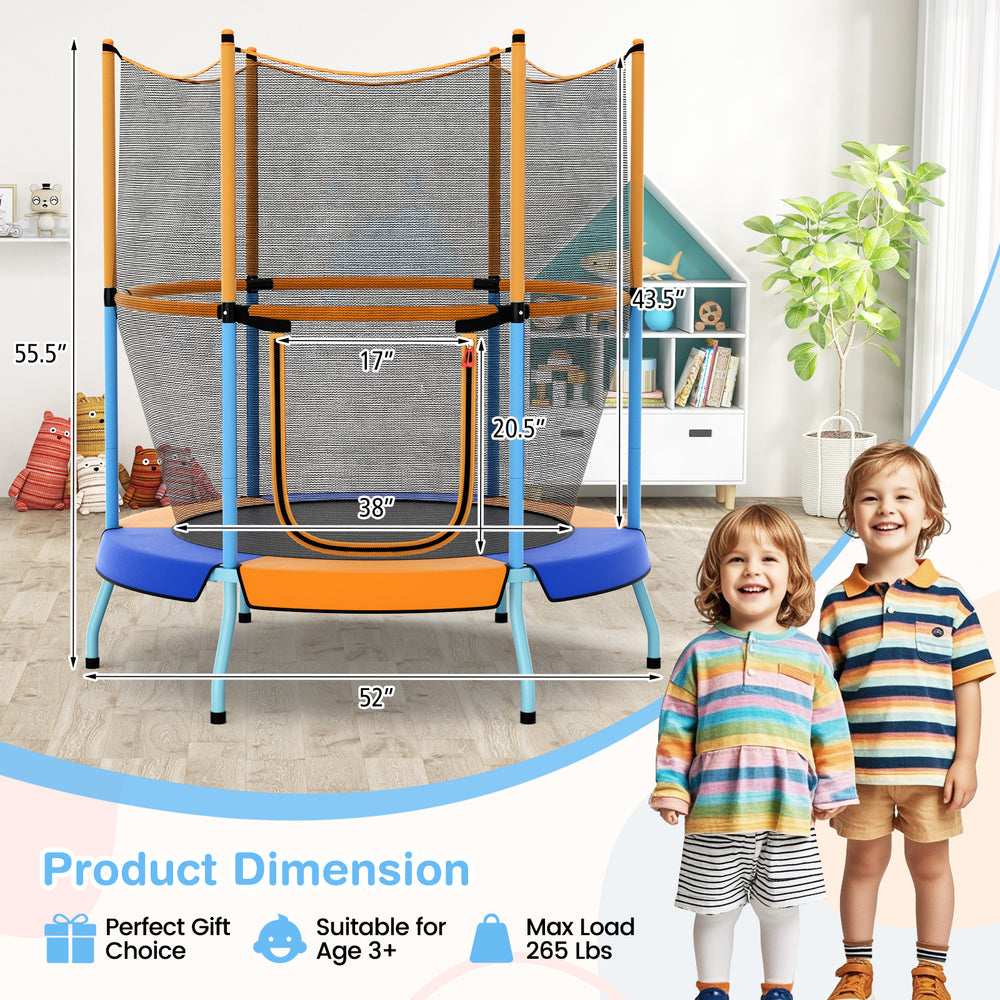 48-inch toddler trampoline with safety enclosure net in orange, designed for ages 3-6, featuring sturdy metal legs and.