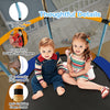 Toddler trampoline with safety enclosure net, curved legs, and padded handles for stable and safe bouncing fun.