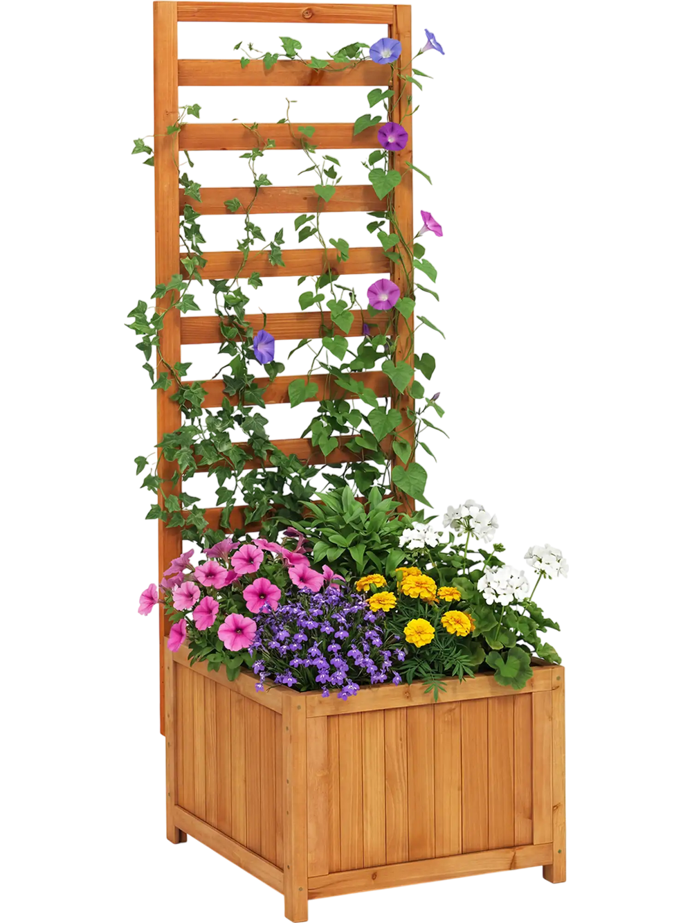 Wood raised garden bed with trellis, featuring vibrant flowers and drainage holes, ideal for patios or balconies.