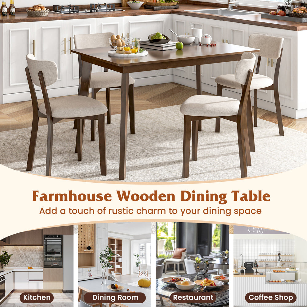 Brown 48-inch wooden dining table with rubber wood legs, ideal for 4 people, perfect for kitchen or dining room use.