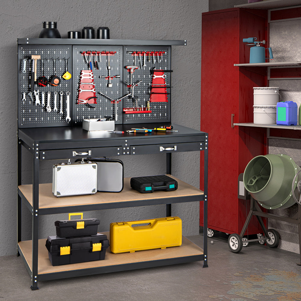 48-inch black workbench with pegboard, two drawers, and open shelves for organized tool storage in a workshop.