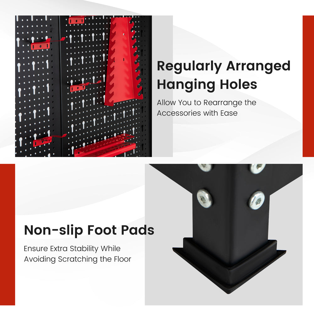 Workbench with pegboard and drawers, featuring non-slip foot pads and hanging holes for organized tool storage.