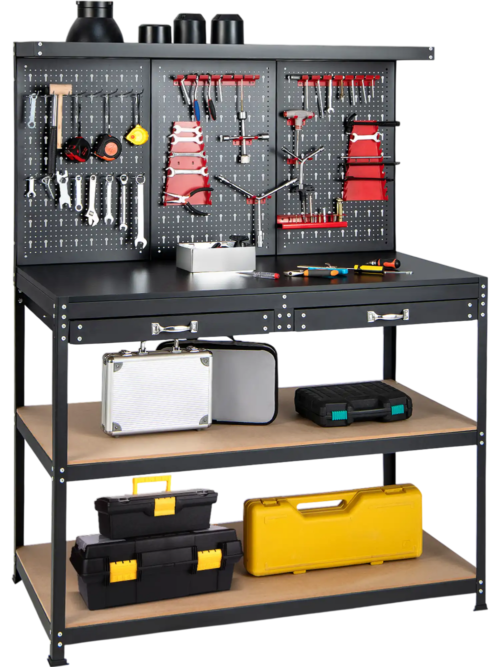 48-inch black workbench with pegboard, drawers, and shelves for organized tool storage in garage or workshop.