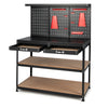 48-inch black workbench with pegboard, two drawers, and shelves for organized tool storage in garage or workshop.