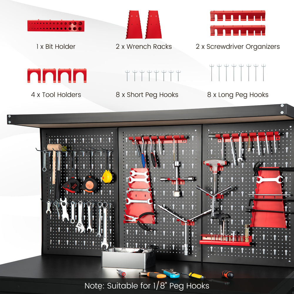 Workbench with pegboard and drawers, featuring 25 hanging accessories for organized tool storage, ideal for workshops.
