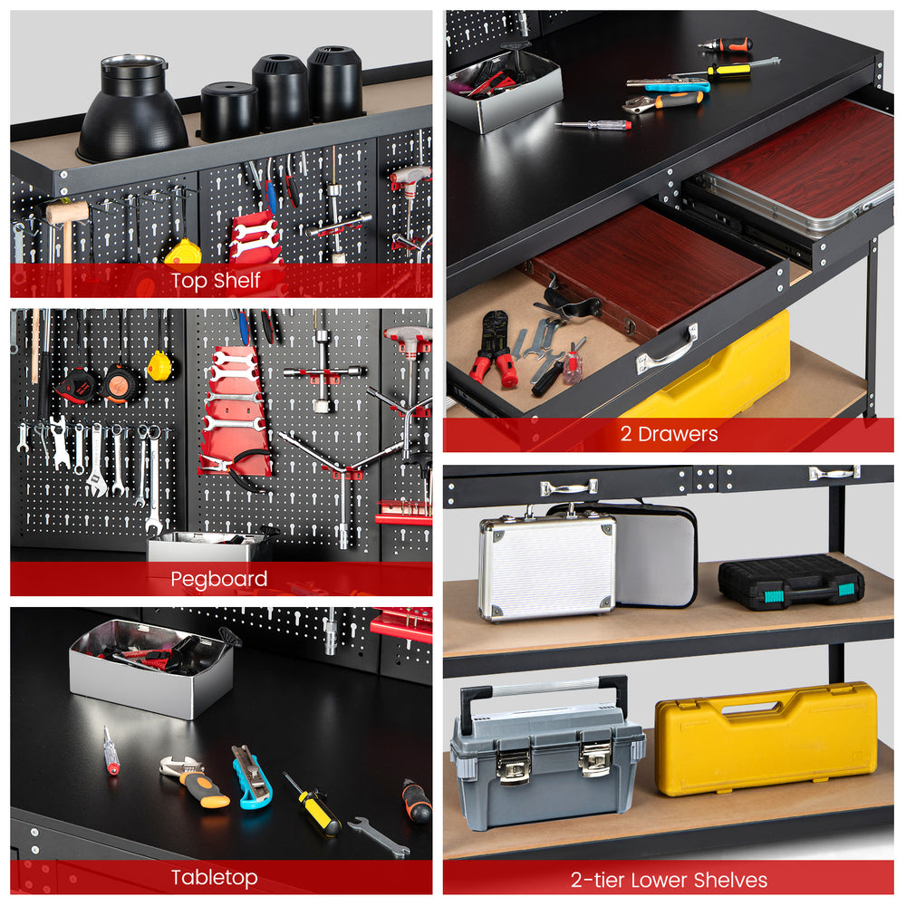 Workbench featuring a pegboard with tools, two drawers, and spacious tabletop for organized storage and project.