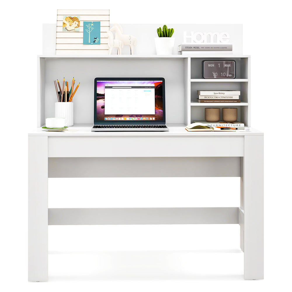 White 48-inch writing computer desk showcasing a smooth surface, anti-slip pads, and organized multi-layered shelves.