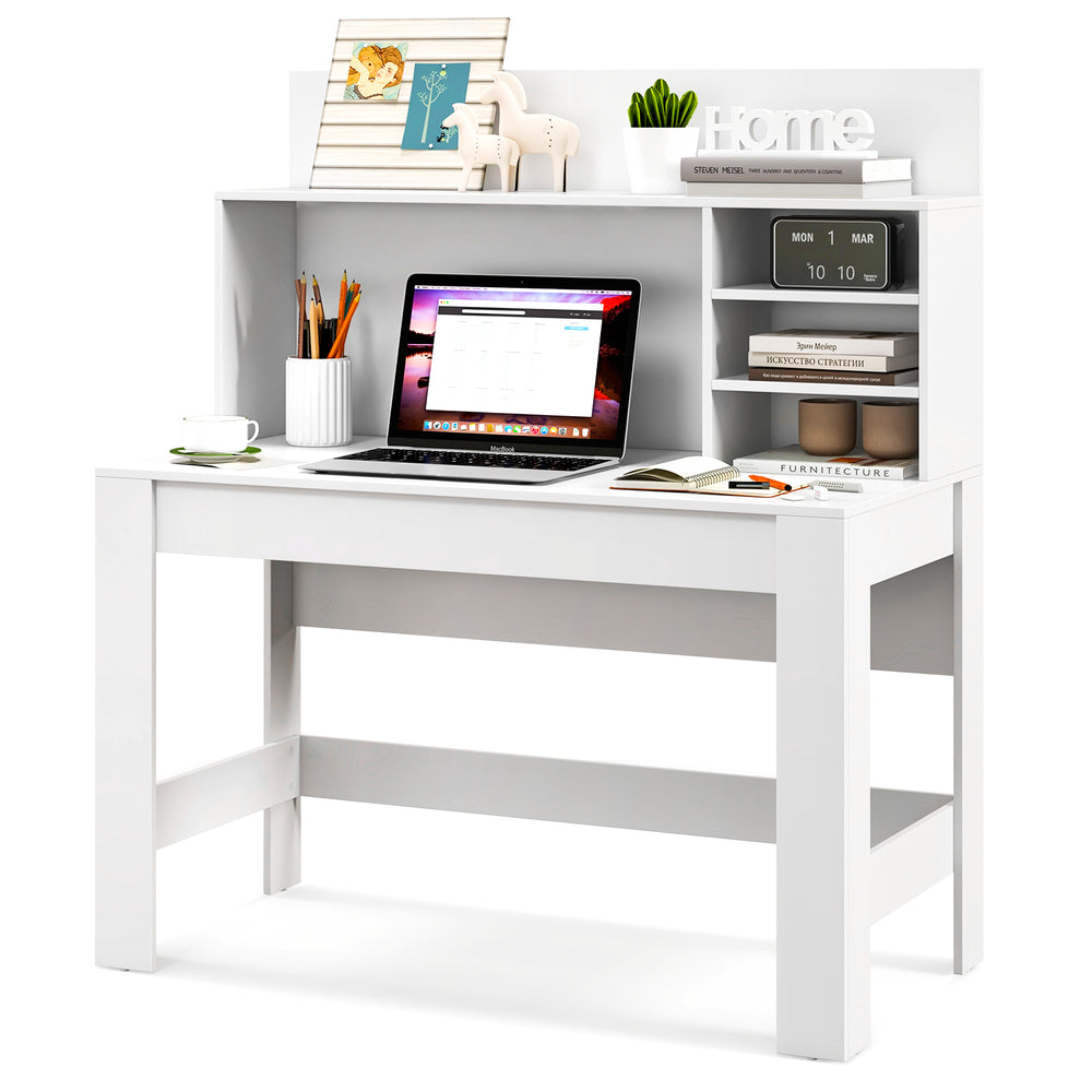 48-inch white writing computer desk featuring a spacious surface, anti-tipping kits, and organized shelf for workspace.