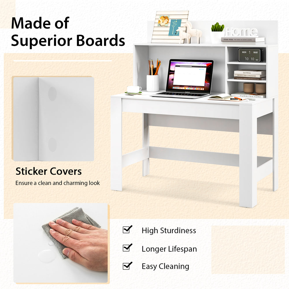 48-inch white writing computer desk with multi-layered shelf, anti-tipping kits, and cable management hole for.