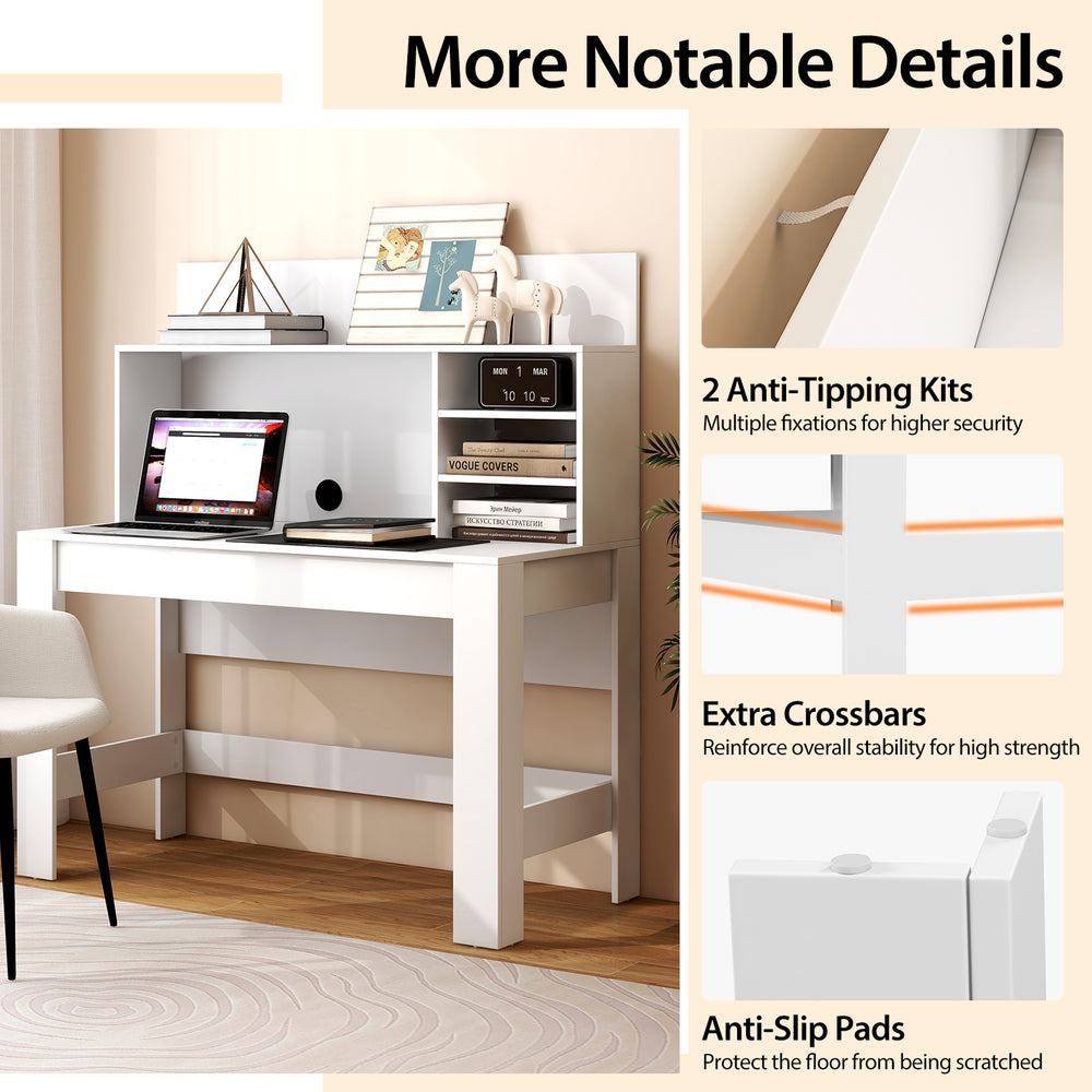 48-inch white writing computer desk featuring anti-tipping kits, cable management hole, and multi-layered shelf for.