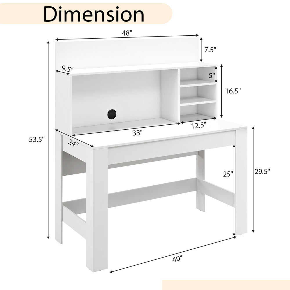 48-inch white writing computer desk with dimensions, featuring cable management hole and multi-layered shelf for.