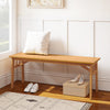Acacia wood bench with slat seat, stable triangular structure, perfect for garden or entryway use.
