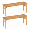 Acacia wood bench with breathable slat seat and stable triangular structure, perfect for dining or garden use.