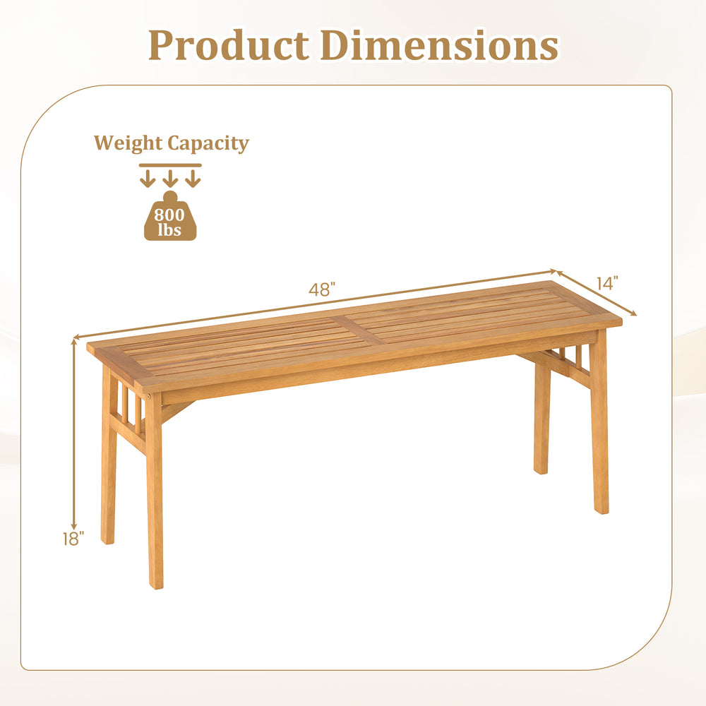 Dimensions of the 48-inch acacia wood bench, featuring a breathable slat seat and stable triangular structure.