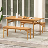 Acacia wood bench with slat seat and triangular structure, perfect for dining or patio use, showcasing rustic charm.