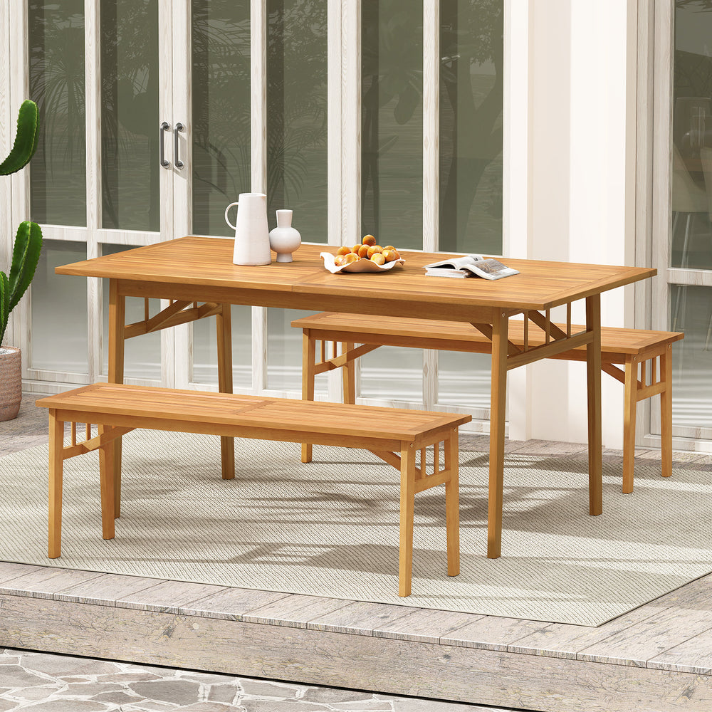 Acacia wood bench with slat seat and triangular structure, perfect for dining or patio use, showcasing rustic charm.