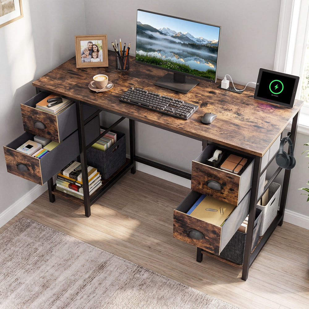48 Inches Computer Desk with Power Outlet Home Office Desk with 4 Fabric Drawers-Brown - Gallery View 1 of 10