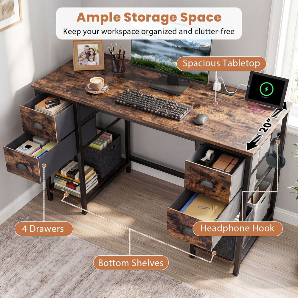 Computer desk with spacious tabletop, 4 fabric drawers, headphone hook, and built-in power outlet for home office use.