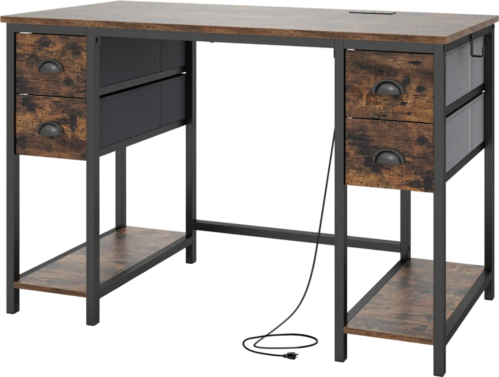 48-inch computer desk with a brown wood finish, featuring 4 fabric drawers and a built-in power outlet for convenience.