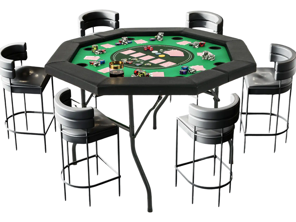 Octagonal 48-inch foldable poker table with padded rails and cup holders, perfect for 6-8 players in game rooms or.