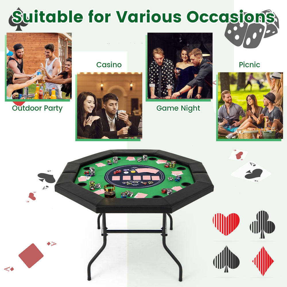 Foldable 48-inch poker table with padded rails and cup holders, perfect for game nights and outdoor parties.