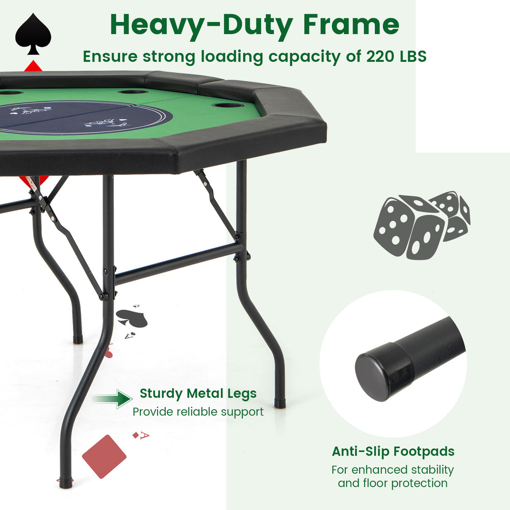 Foldable 48-inch poker table with padded rails and cup holders, sturdy metal frame, ideal for game rooms and parties.