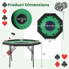 Foldable 48-inch poker table with padded rails, cup holders, and dimensions for 6-8 players, perfect for game nights.