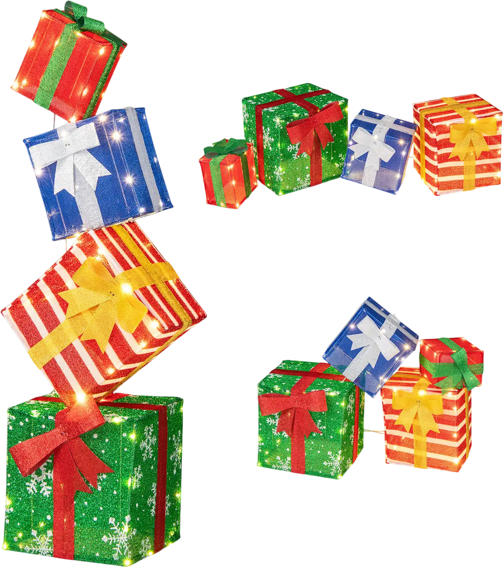 48 Inches Lighted Stacked Gift Boxes with Built-in LED Lights and Decorative Bows