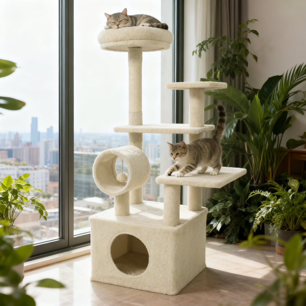 Multi-level beige cat tree with large condo, padded top perch, and natural jute scratching posts for playful lounging.