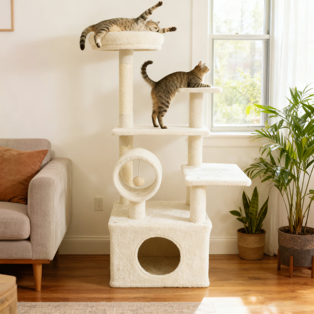 Beige cat tree featuring a cozy cylinder tunnel and hanging ball, ideal for playful exploration and hiding.